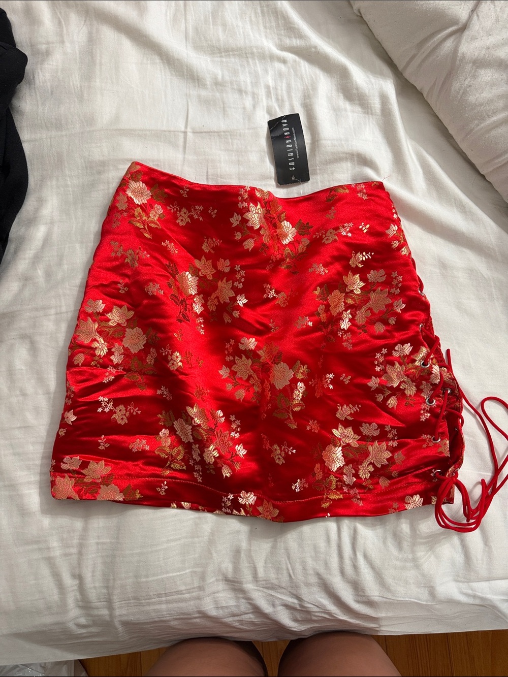 Fashion Nova Midnight Satin Mini Skirt Red Gold Floral Asian Side Tie Open Slit